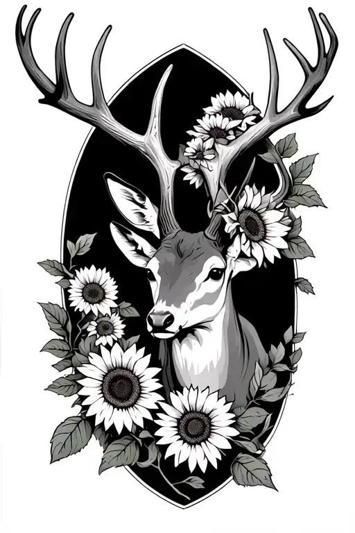 White Tail Deer Antler With Sunflowers And Vines