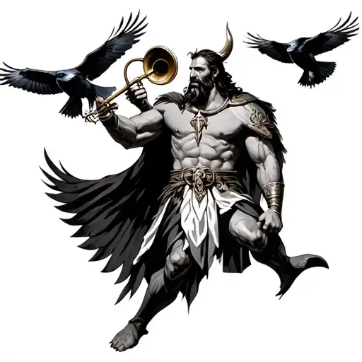 Heimdall Playing Horn With Two Ravens Flying Around Him