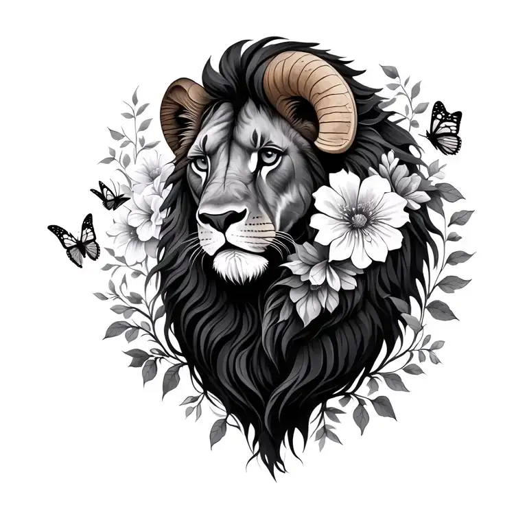 Leo And Aries Animal With Flowers Vines And Butterflies