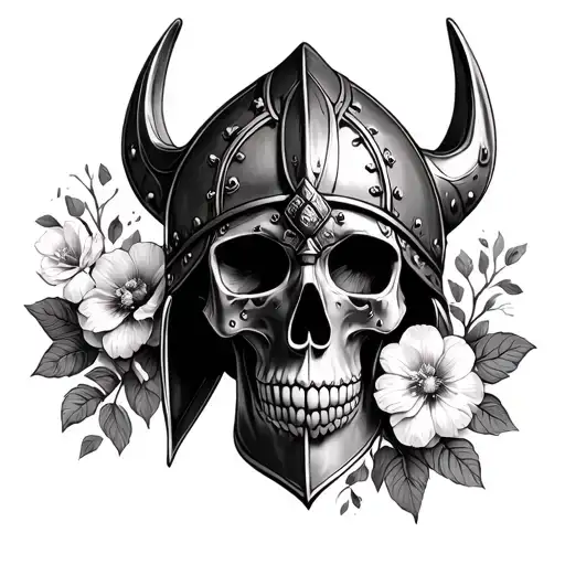 Feminine Skull Viking Helmet With Flowers Growing Together