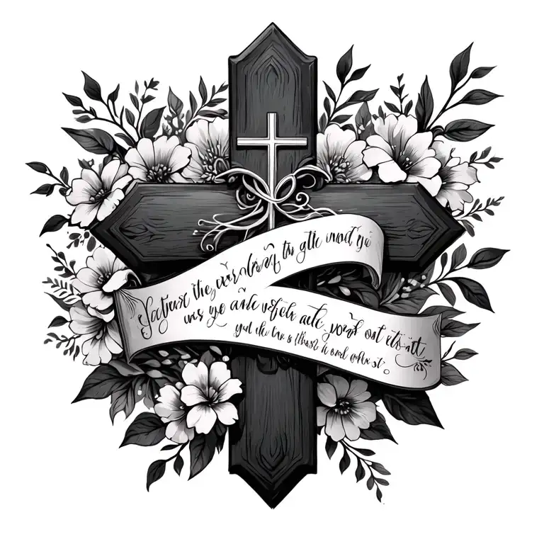 Cross With Floral And Bible Verse Written