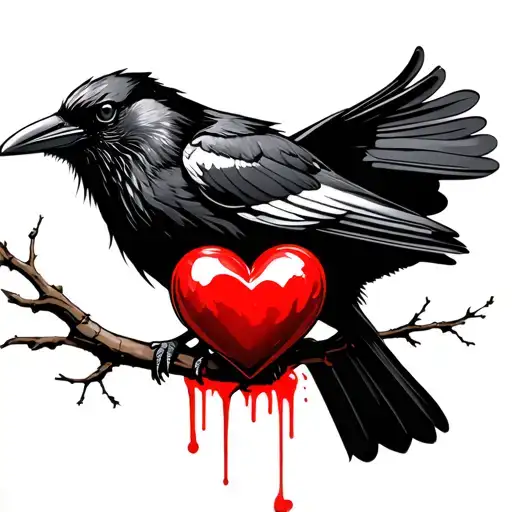 Crow On A Branch That Holds A Heart That Bleeds In Its Beak