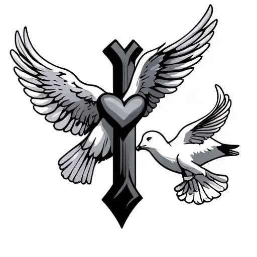 Heart Cross And Dove Flying