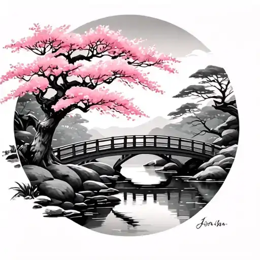 Japanese Garden With Cherry Blossom Trees And Bridge