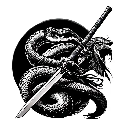 Snake And Samurai Warrior Holding Katana Sword