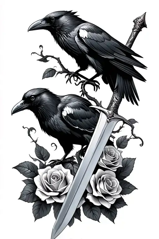 Swooping Crow With Roses And Longsword I The Back
