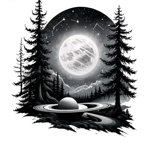 Forest And Saturn With Constellations