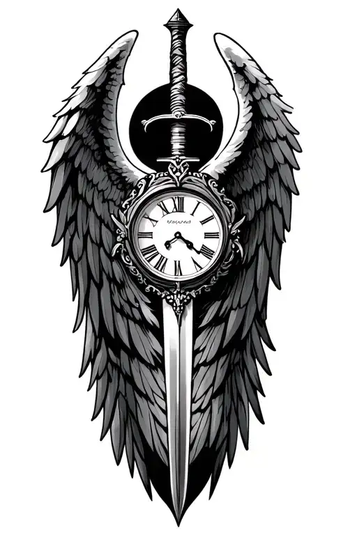Angel Wings With Sword And A Clock Face