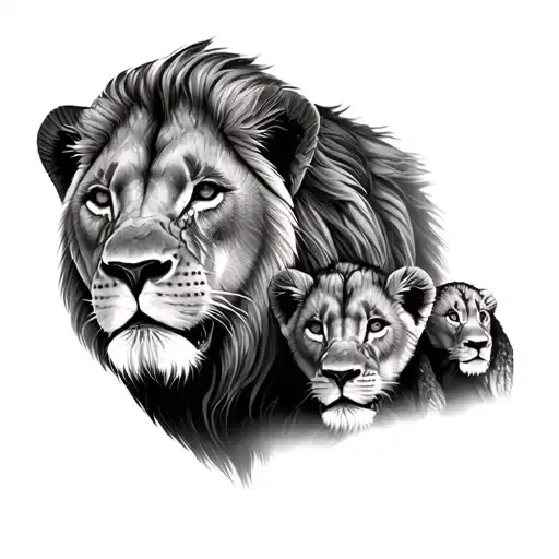 Lion Head And Two Cubs Face Only Facing To Thw Side