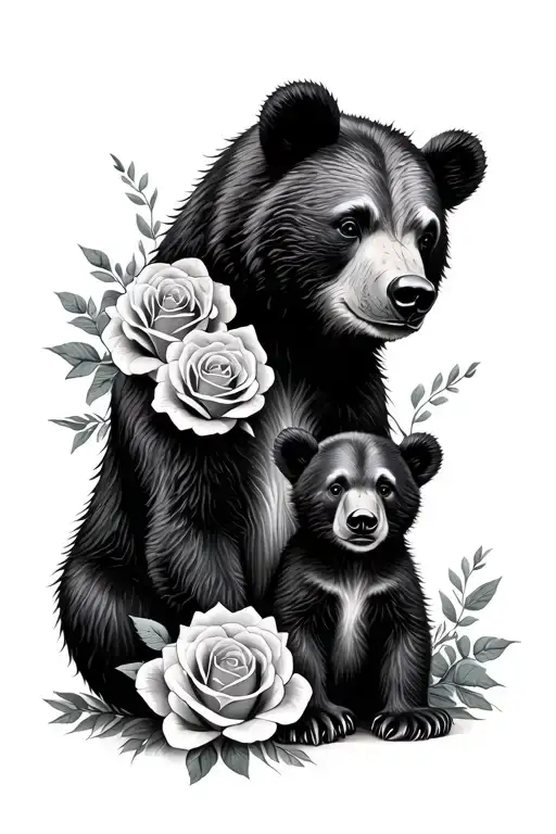 Protective Mama Bear With Roses And 2 Cubs