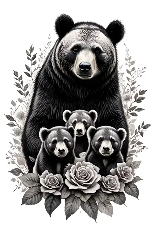Realistic Protective Mama Bear With Roses And 2 Cubs