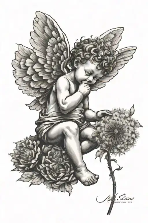 Cute Cherub Holding A Dandelion Flower And Sitting In A Field Of Flowers