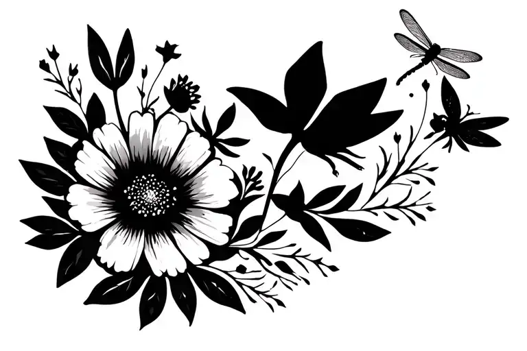 Wildflowers And Dragonflies Black Silhouette