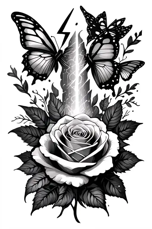 Lightning Bolts And Butterflies Going Down Into A Rose On The Top Of Hand And Arm