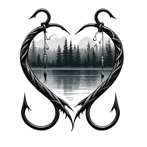Two Fishing Hooks Form Heart Shape With Forest In Background