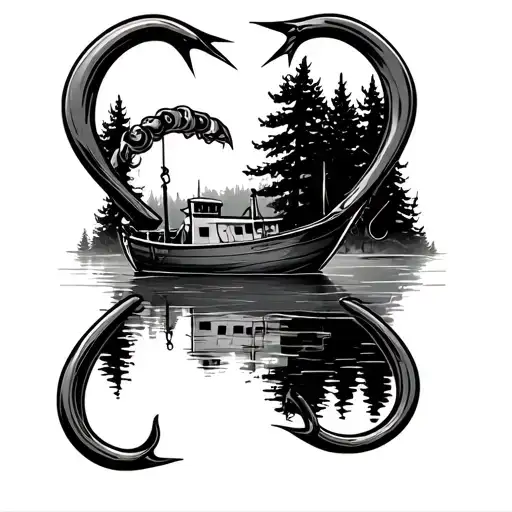 Two Fishing Hooks Form Heart Shape With Forest In Background Fishing Boat