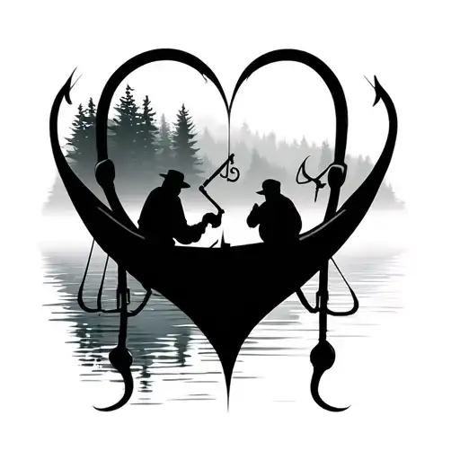 Two Fishing Hooks Form Heart Shape With Forest In Background Silhouette Guys On Fishing Boat