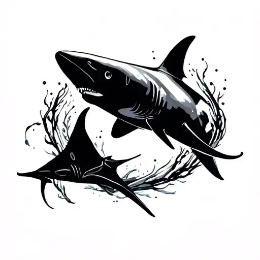 Shark And Manta Ray Silhouette Surrounded