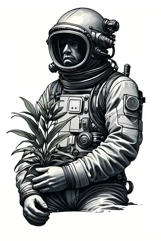 Old Diver Suit Holding A Plant
