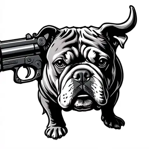Bull Dog With Impact Gun Taditional Tattoo Style Design Drawing