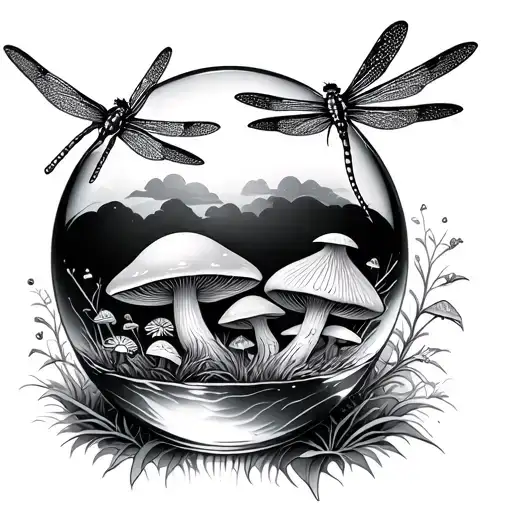 Crystal Ball With Mushrooms And Dragonflies
