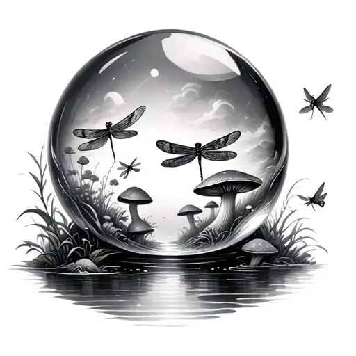 Crystal Ball With Mushrooms Dragonflies And Water