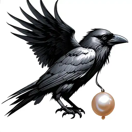 Raven Holding A Pearl In Beak Open