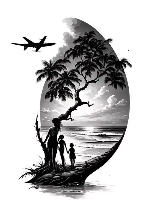 Tree Of Life On The Left With Beach Scene With A Woman And A Child And A Plane In The Sky