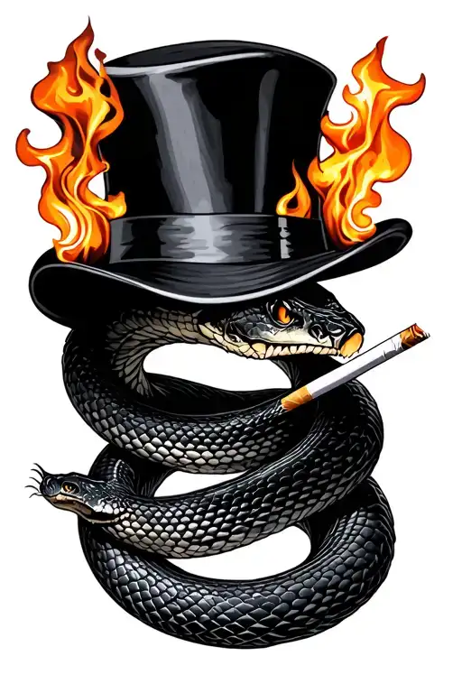 Snake Coiled With Top Hat And Cigarette Burning Black