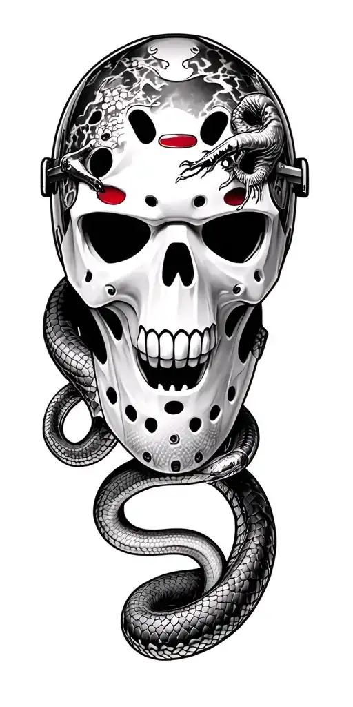 A New Style Goalie Mask With A Skull On The Side And A Snake Coming Out Of One Of The Eyes