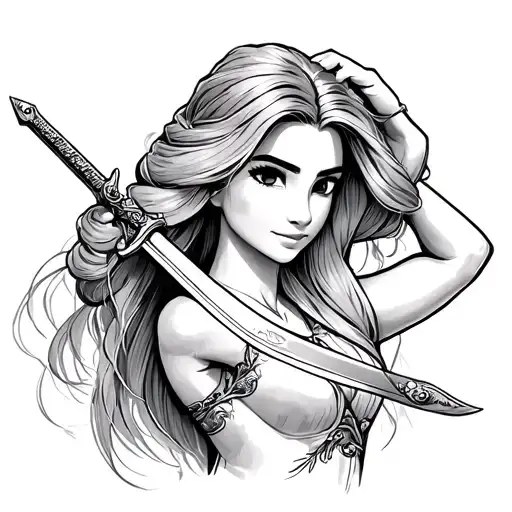 Faceless Sketch Of Disneys Rapunzel Cutting Her Hair With A Sword Like Mulan