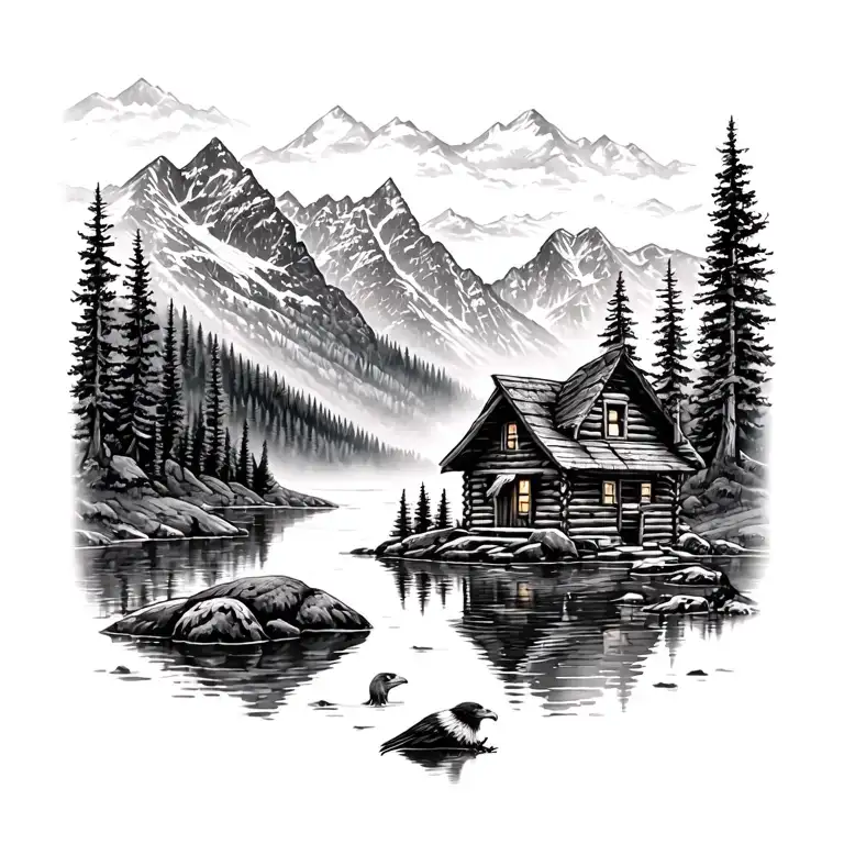Wolfs Eagles Cabin Lake Surrounded By Mountains