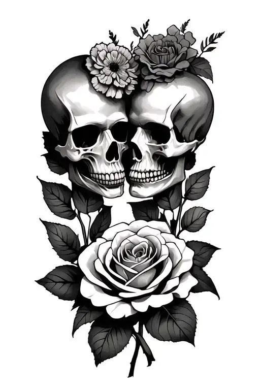 2 Skulls Looking At Eachother With A Rose And A Marigold