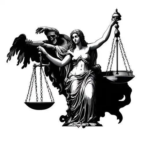 Lady Justice Being Persuaded By Death And God Stopping It