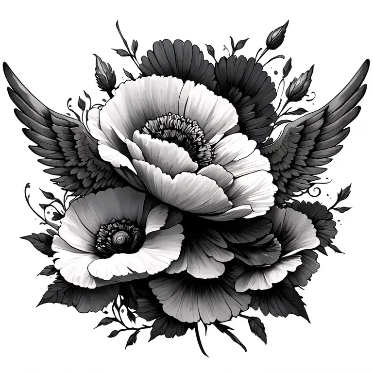 Wing And Poppy Flowers Intertwined