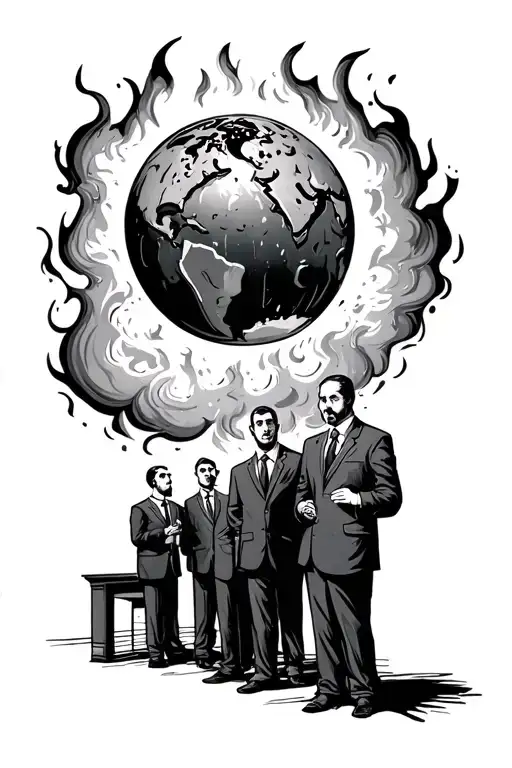 Evil Businessmen Watching A Globe Burn Cartoon