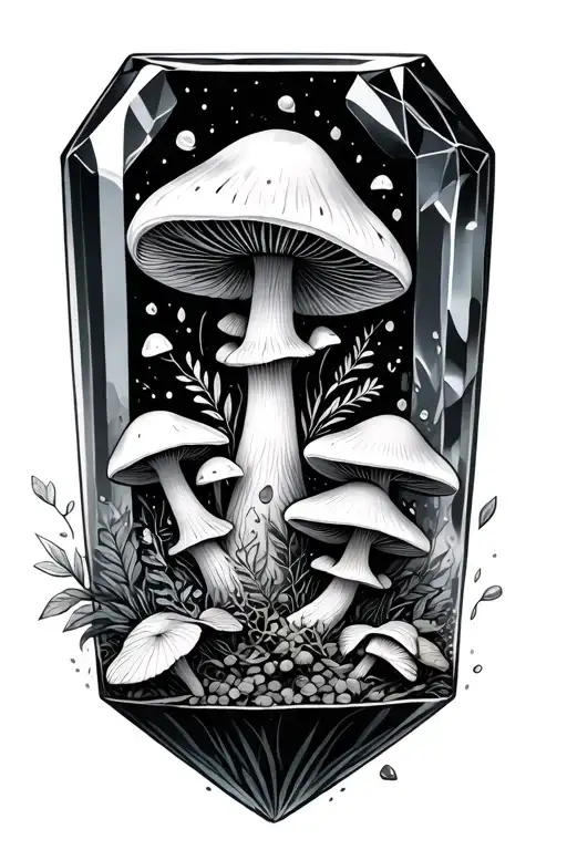 Mushrooms And Herbs Coming Out Of A Crystal