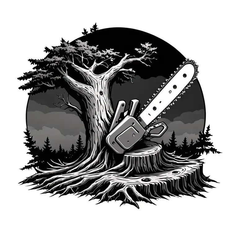Tree With Chainsaw In The Stump