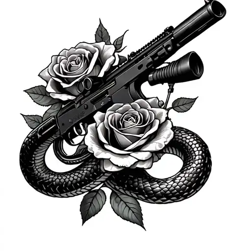 Sniper-rifle Withe Snake And Shooting A Rose
