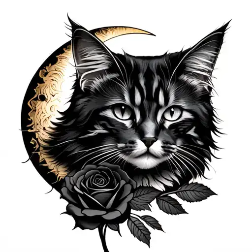 Black Maine Coon Cat With Crescent Moon And The Sun And Black Rose