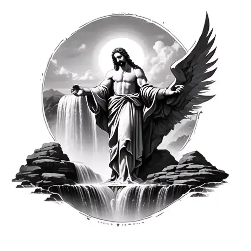 Jesue Saint Micheal And Waterfall