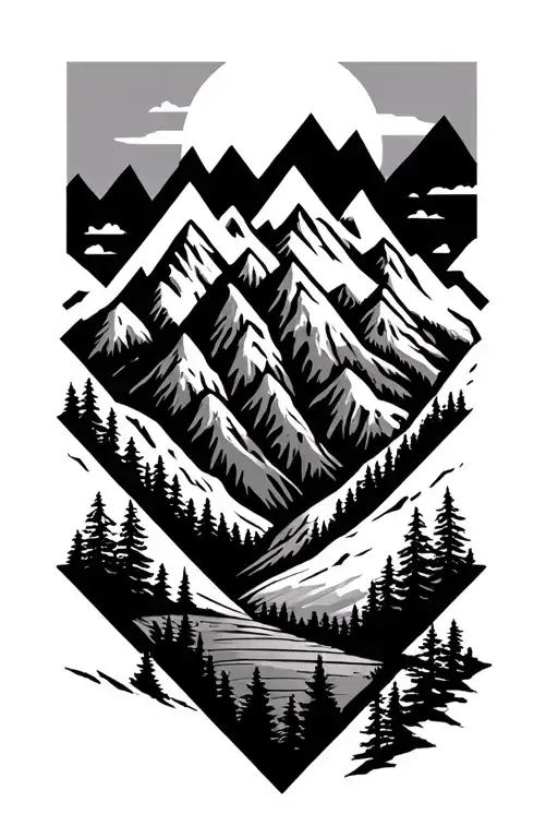 Mountain Scene In A Diamond Shaped Line Outlining