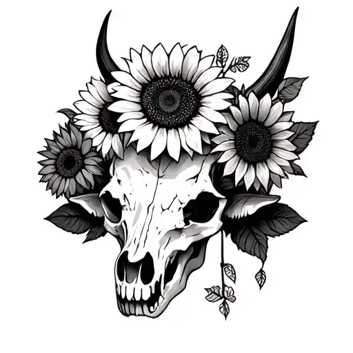 Sunflower Intertwined Highland Cow Skull With Flowers