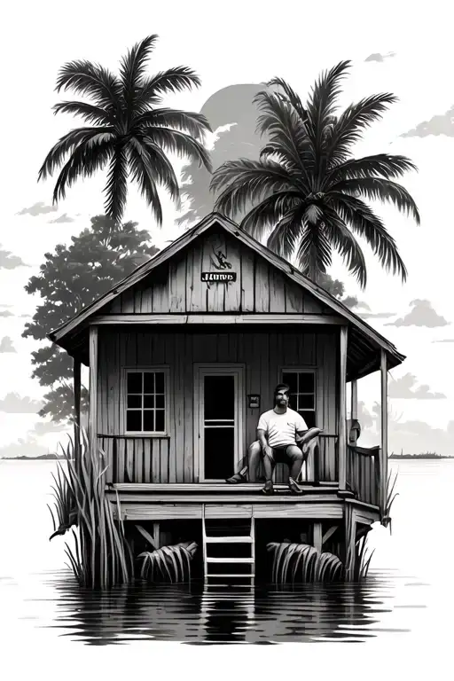 Florida Swamp With People Sitting On A Porch Of A Cracker Shack
