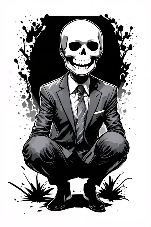 Skeleton Face Guy Is Squatting Wearing A Suit With A Smiley Mask