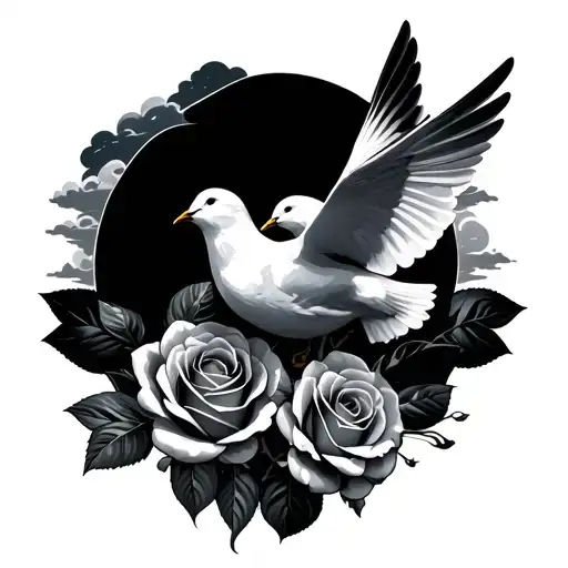 Roses And Doves With Clouds In The Background