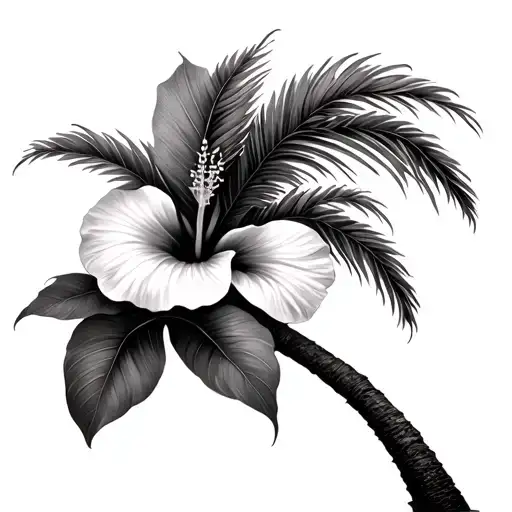 Fine Line Palm Tree And Hibiscus Flower