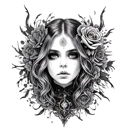 Gothic Tattoo With A Girl In Black And White
