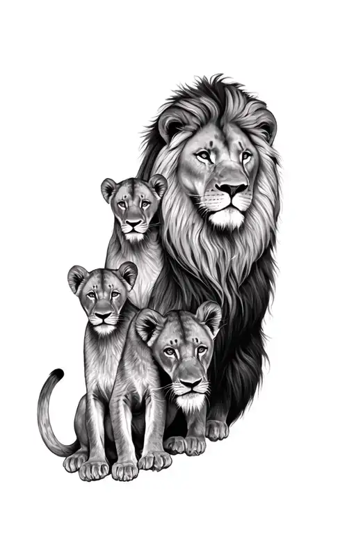 A Full Sleeve Tattoo Design For A Father Who Has 4 Children Represented By Lion And Cubs