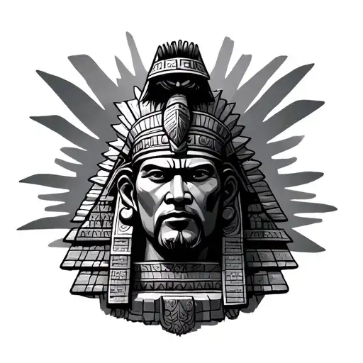 Aztec King Head Museum Style Sitting On A Pyramid Emerging